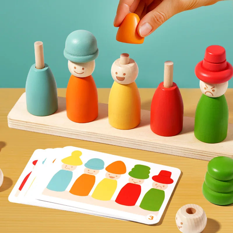 Color Sorting Toys Montessoris Wooden Early Learning Toys Fine Motor Skills Puppet Hat Face Match Creative Stacking Toys For Kid