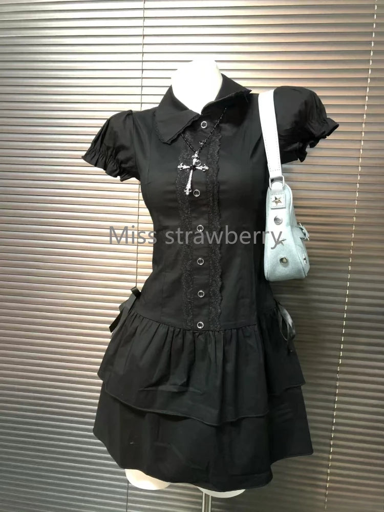 Women’s Vintage Black Short Sleeve Patchwork Gothic Dress
