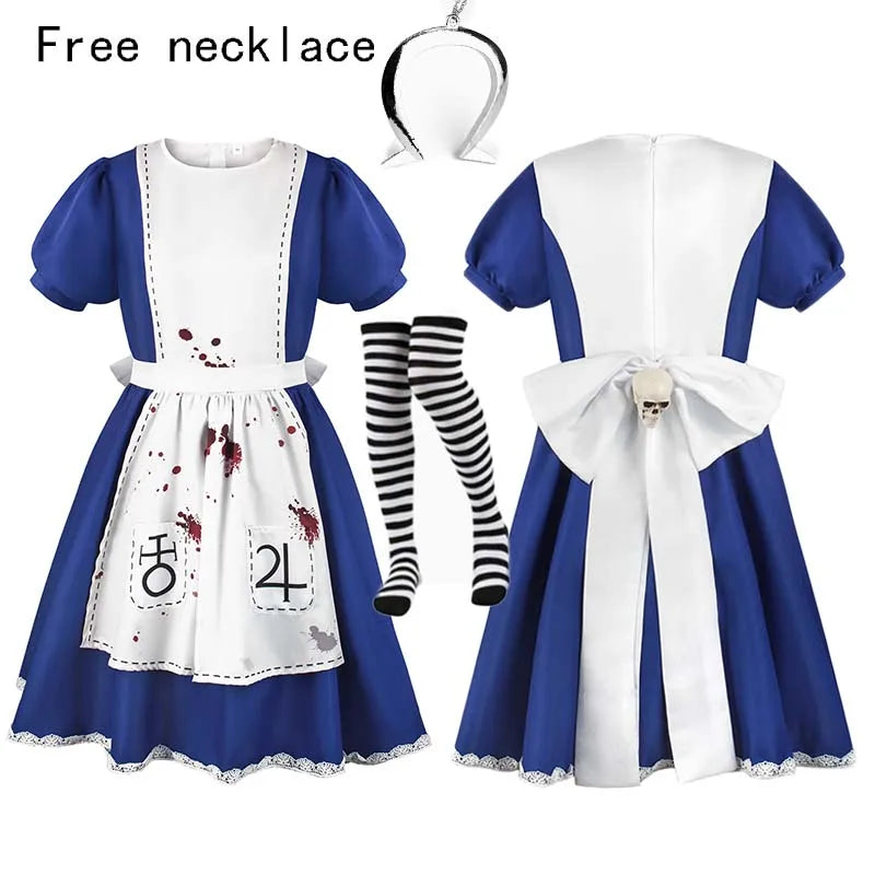 Women's Alice-Inspired Cosplay Dress with Apron & Necklace