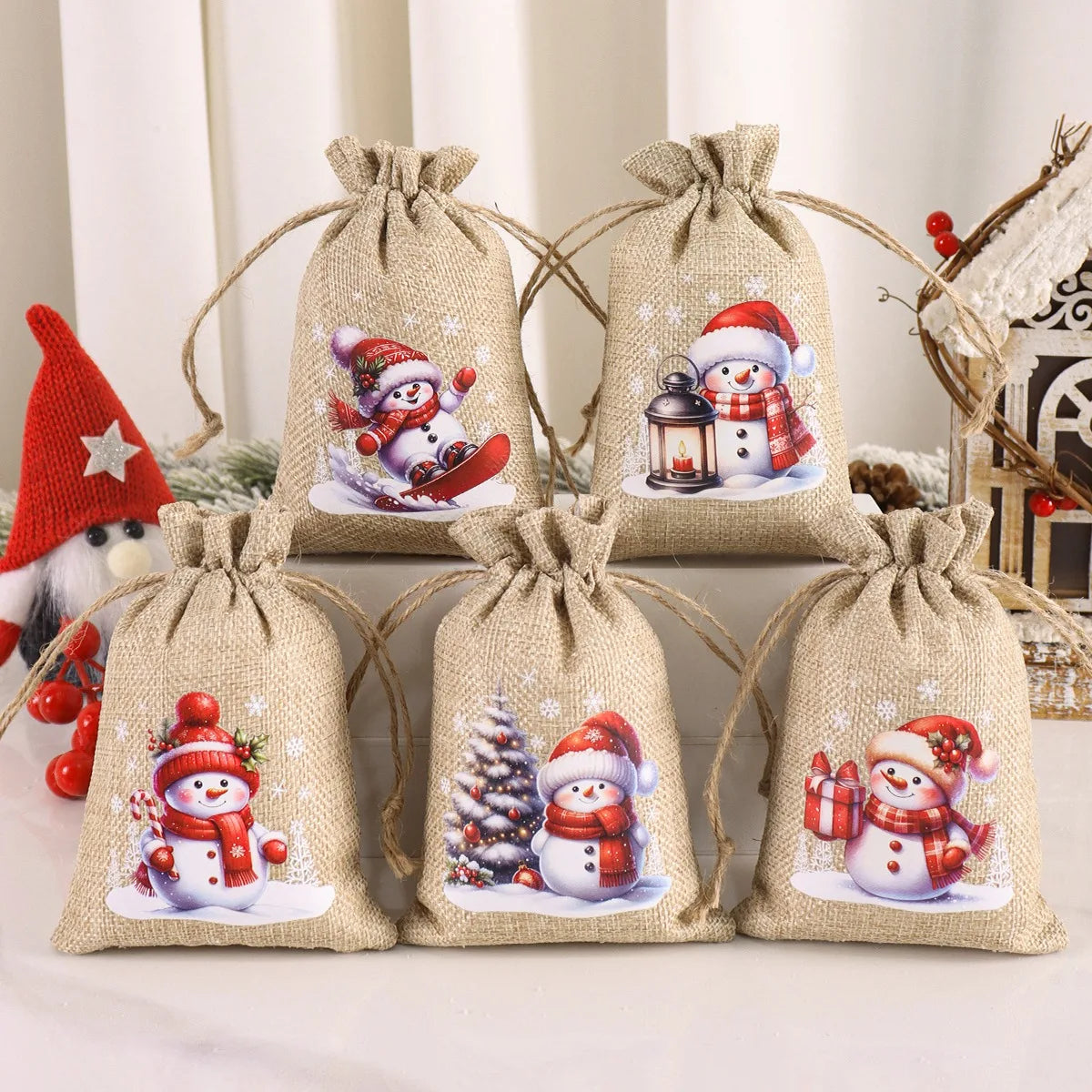 6pc Christmas Linen Drawstring Bags Burlap Gift Bags Candy Biscuits Pouchs for Home Decor 2025 Xmas Navidad Noel Gift Packaging