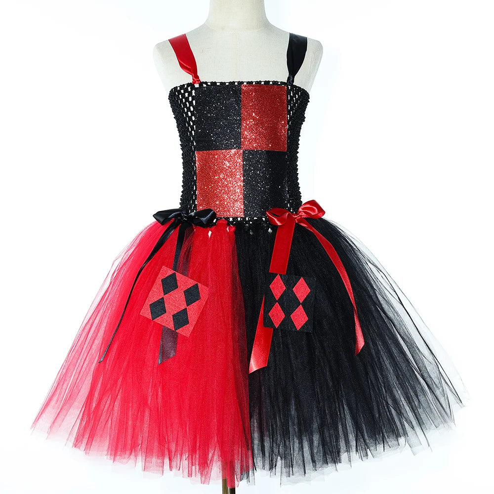 Girls Red Black Clown Costume Tulle Tutu Dress