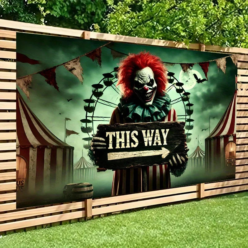 The background flag of the terrifying clown circus features bats and a full moon pattern, and is decorated for Halloween parties
