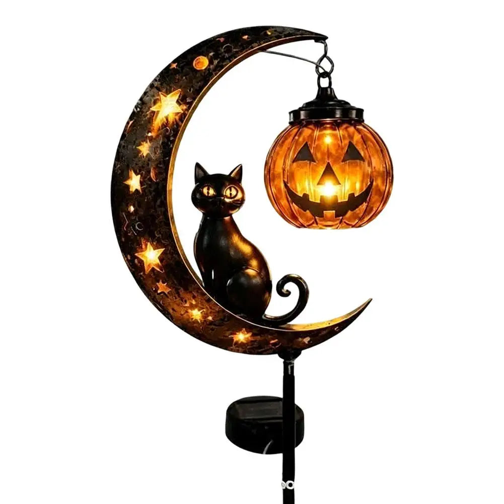 Garden Lamp Decoration Halloween Black Cat & Pumpkin Moon Garden Stake Light, Outdoor Waterproof Metal Pumpkin Stake Decor