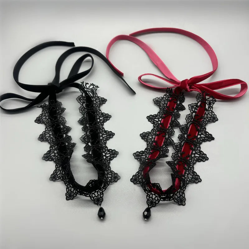 Gothic Lace Choker Necklace with Velvet Collar and Bow