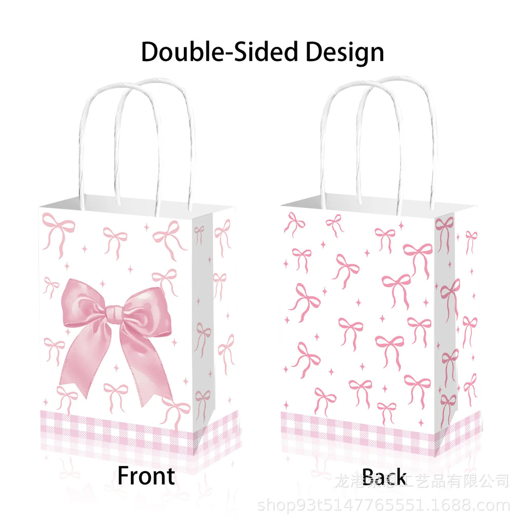 6/12/24/48pcs Pink and White Bow Paper Gift Bags Birthday Favor Bags with Handles Candy Bags Baby Shower Wedding Party Supplies