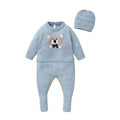0-18m Baby Rompers Hats Sets Spring Fall Winter Blue Long Sleeve Knitted Newborn Boys Outwear Playsuits Hats Costumes 2pcs Suits
