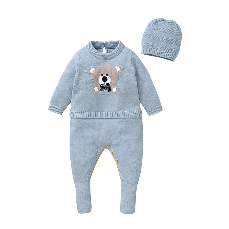 0-18m Baby Rompers Hats Sets Spring Fall Winter Blue Long Sleeve Knitted Newborn Boys Outwear Playsuits Hats Costumes 2pcs Suits