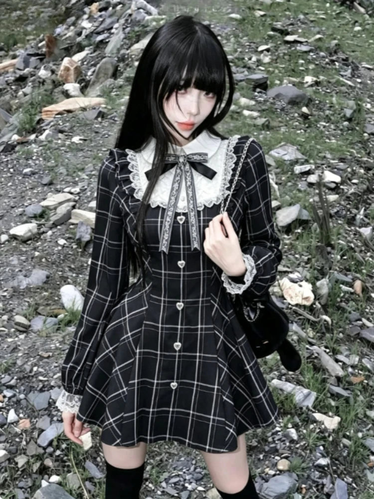 Gothic Vintage Lace Y2k Mini Dress Women Design Streetwear Black Lolita Slim Dress Long Sleeve Elegant Dress Spicy Girls