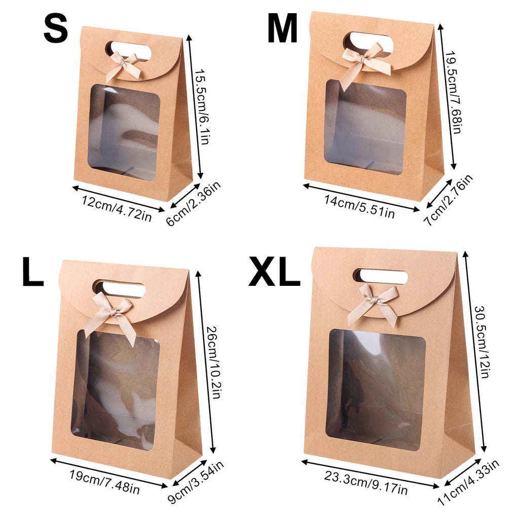 6/12PCS Kraft Paper Bags with Window, Box Reusable Gift Bag for Women, Candy Cookies Packaging Wedding Christmas Party