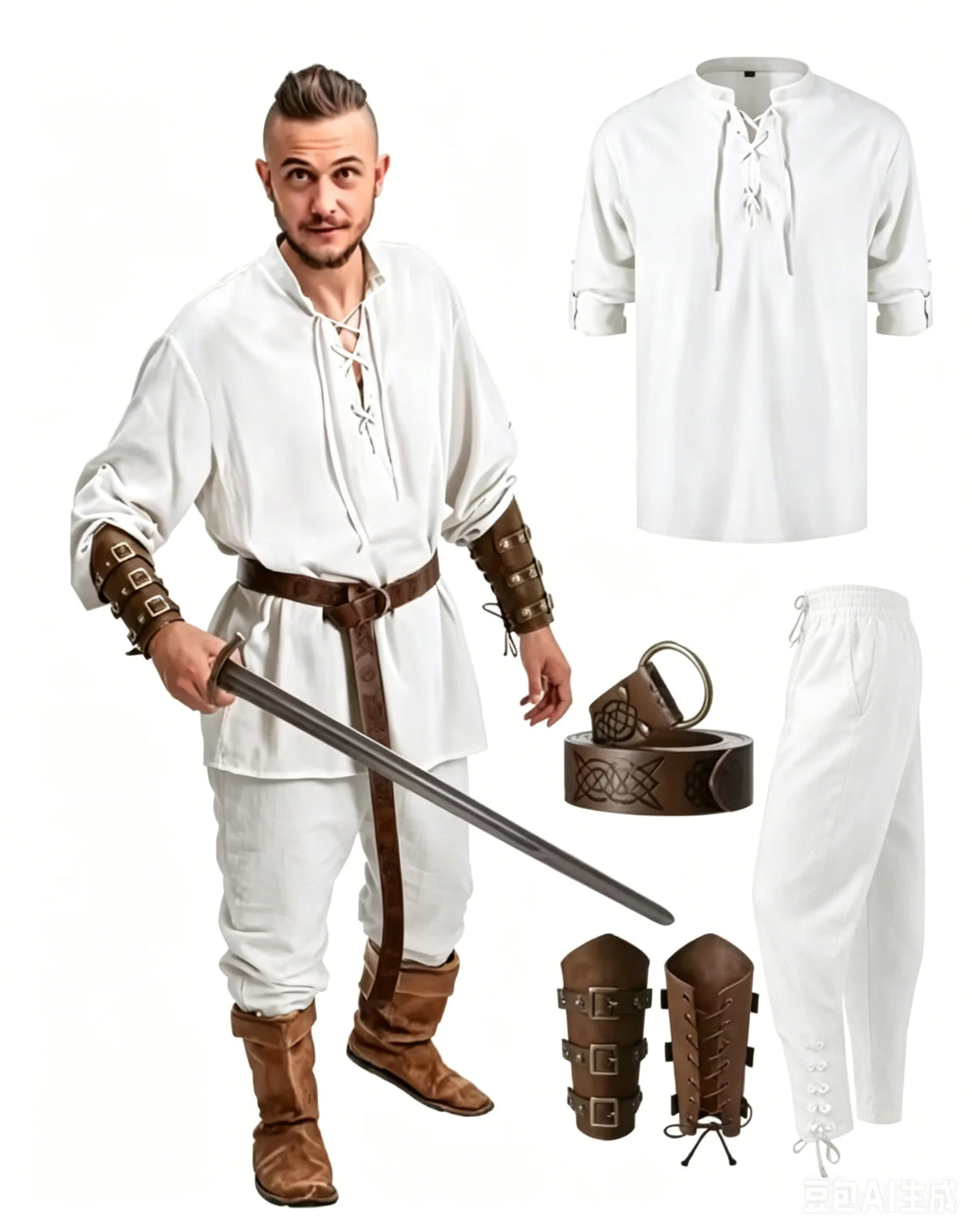 Men's Renaissance Costume Set with Shirt, Pants & Belt