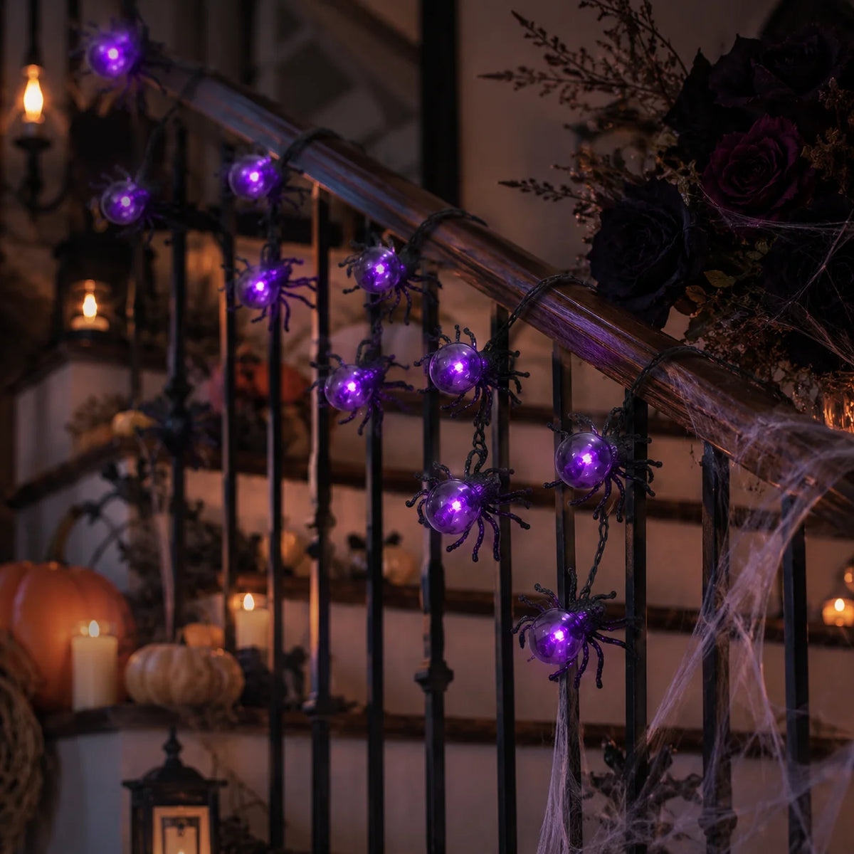 Halloween Lights Spider String Lights Battery Operated 5.2M 15LED Purple Fairy Garland for Porch Window Haunted House Decor