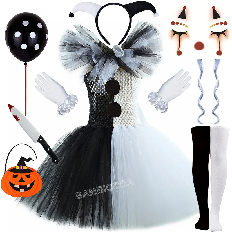 Girls Black White Horror Clown Tutu Dress Costume