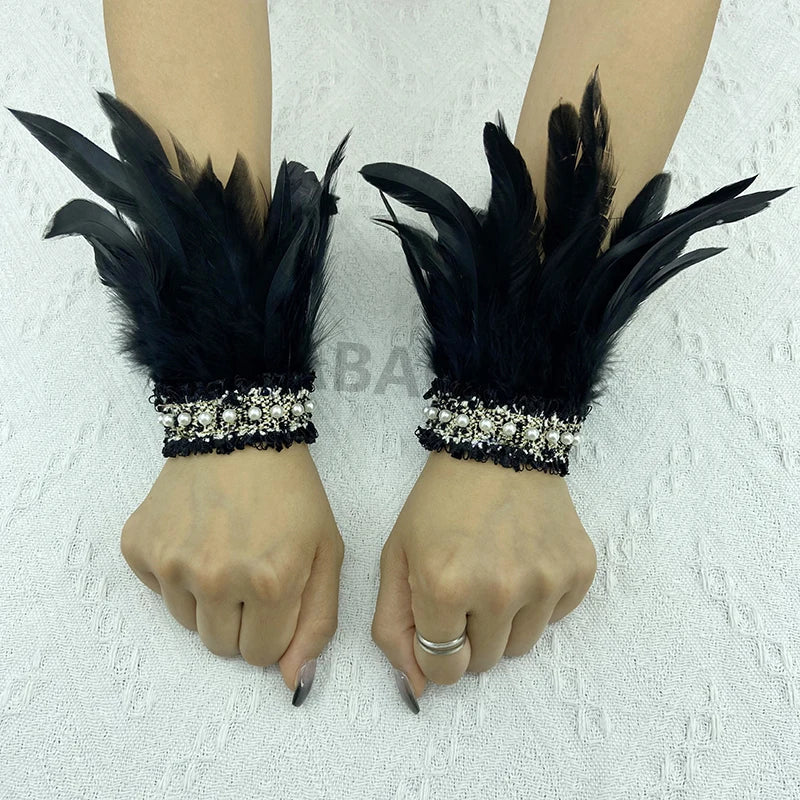 Natural Feather Wrist Cuffs Elegant Fur Sleeve Arm Accessories Gothic Halloween Cosplay Feather Gloves Pearl Arm Cuff 2pcs