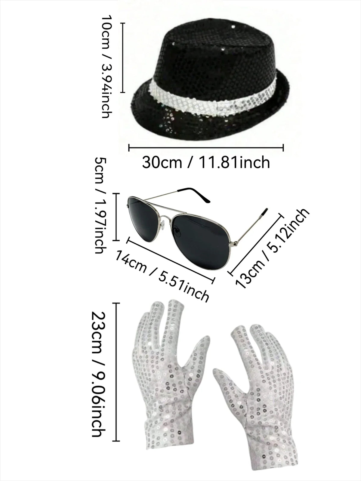 Sequin Fedora Hat Gloves and Aviator Sunglasses Costume Set