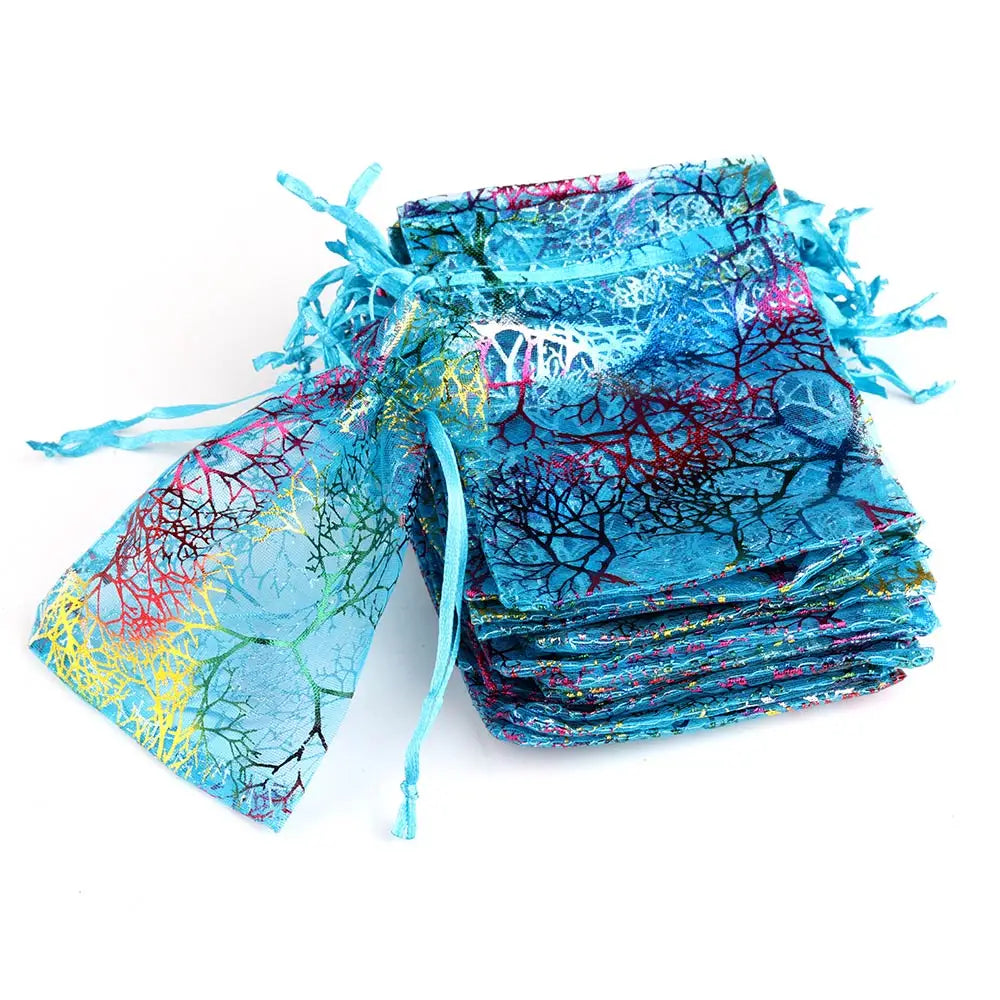 25/50/100pcs/lot Organza Gift Bag Jewelry Packaging Drawstring Bag Multi-size Colorful Trees Printing Party Wedding Candy Bag