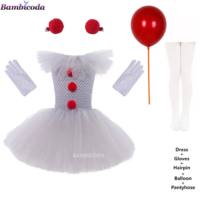 Girls Gray Clown Tutu Dress Halloween Costume