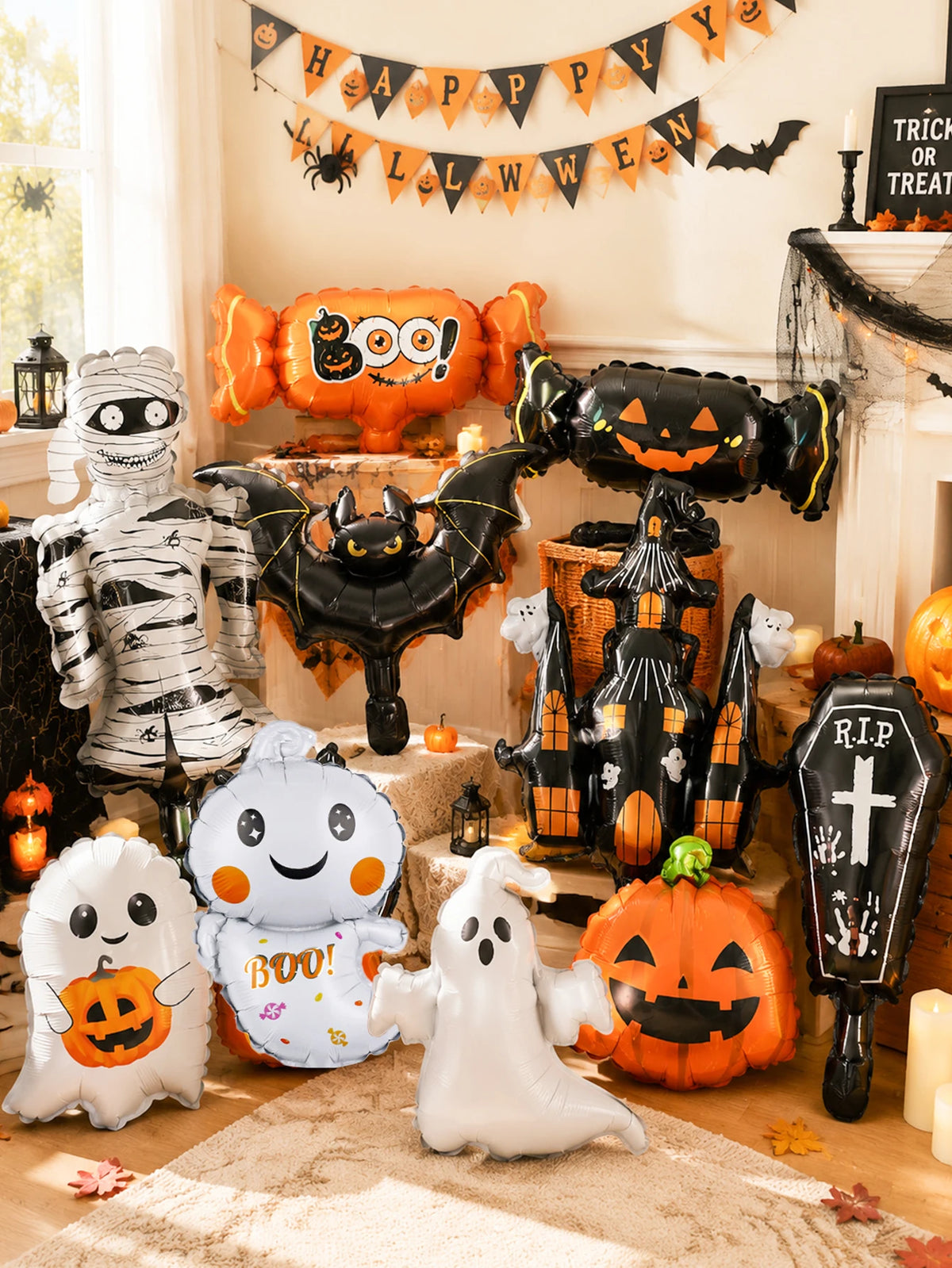 10pcs Mini Halloween foil balloon set—suitable for Halloween, haunted houses, pumpkin-themed parties, and trick-or-treat events.