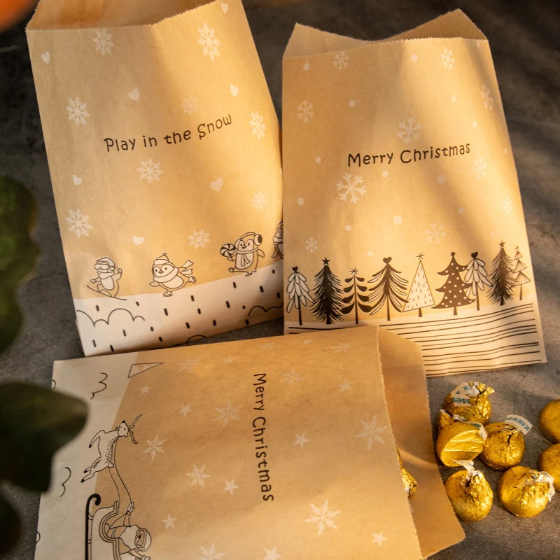 24 Sets Vintage Christmas Kraft Paper Bags Let it Snow Candy Treat Bag with Stickers Advent Calendar Xmas Party Favor Gift Pouch