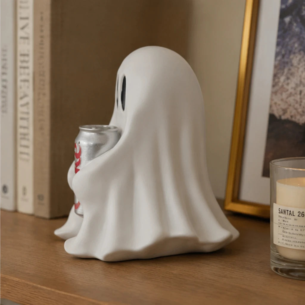 Cute Halloween Ghost Holding Soda Can, Funny Resin Figurine, Spooky Tabletop Decor for Desk Shelf Home Party Gift
