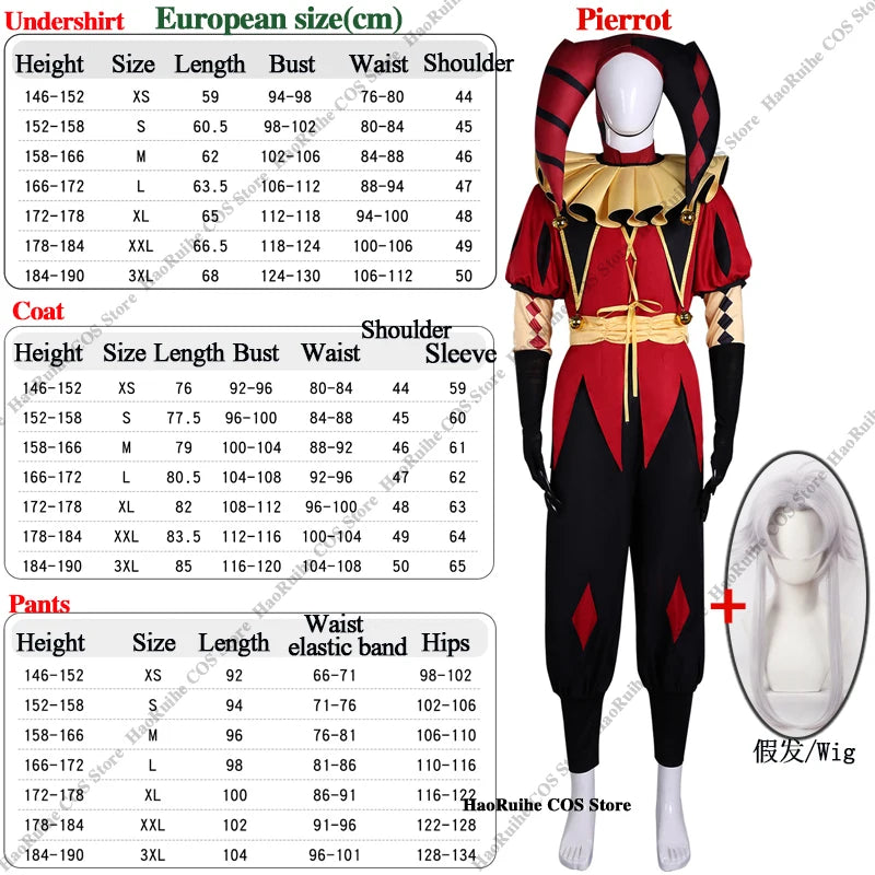 Adult Pierrot Jester Clown Costume Top Pants & Wig