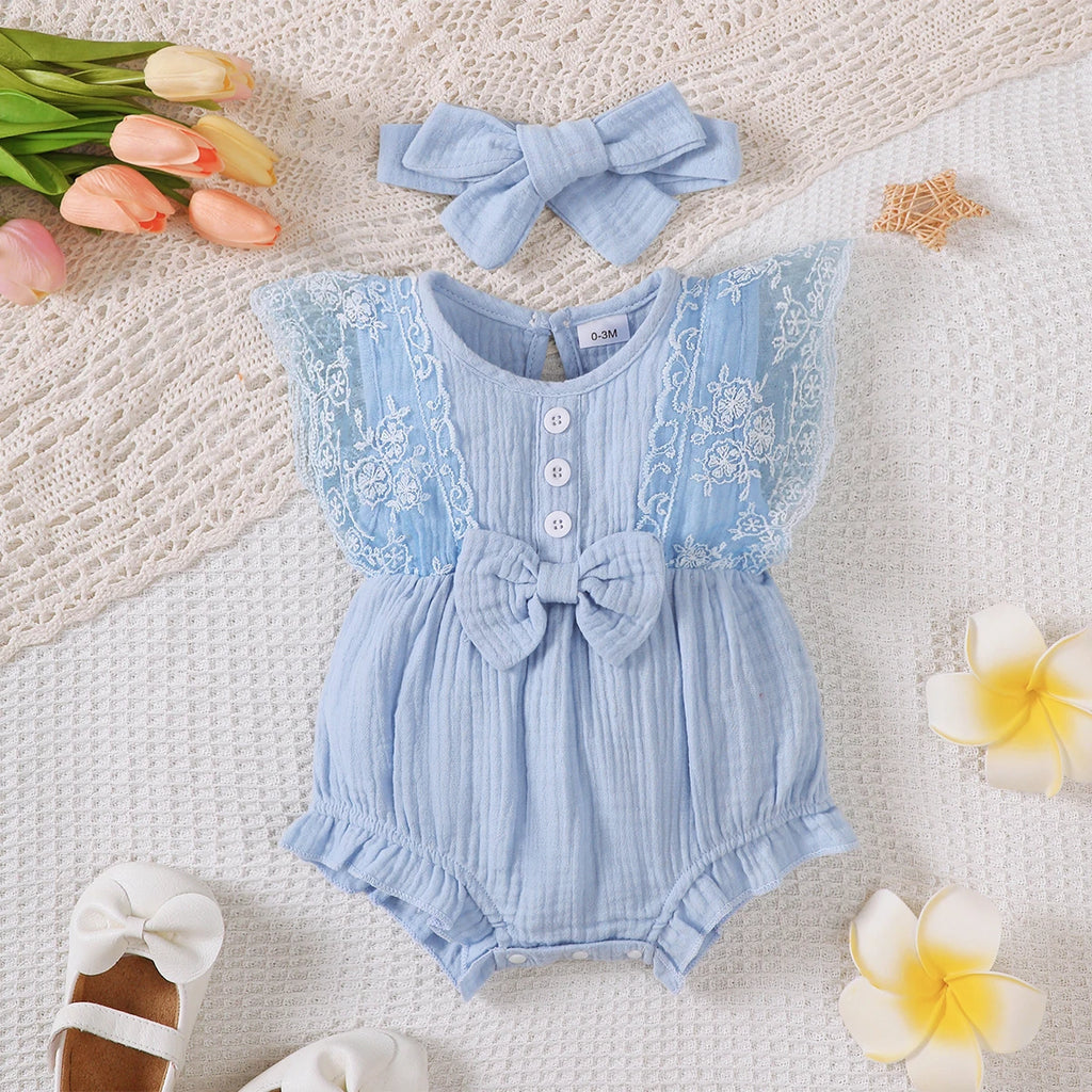 2PCS Newborn Baby Girl Romper Plain Soft Bodysuit Lace Sleeveless Onesie+Headband Summer Costume Toddler Girl Clothes 0-18Months