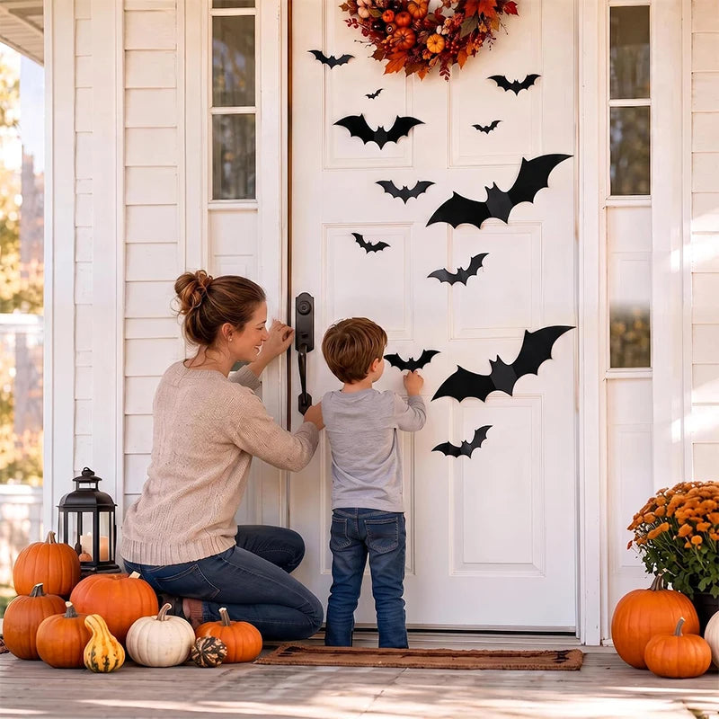 12Pcs/set Halloween 3D Black Bat Wall Stickers For Home Room Decoration Scary Props Kids Party Favors Wall Decals Window Sticker