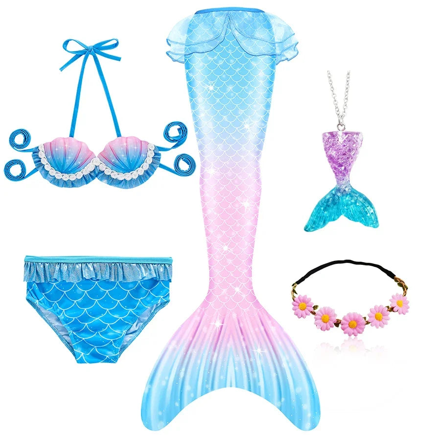 Girls Mermaid Tail Swimsuit Costume with Optional Monofin