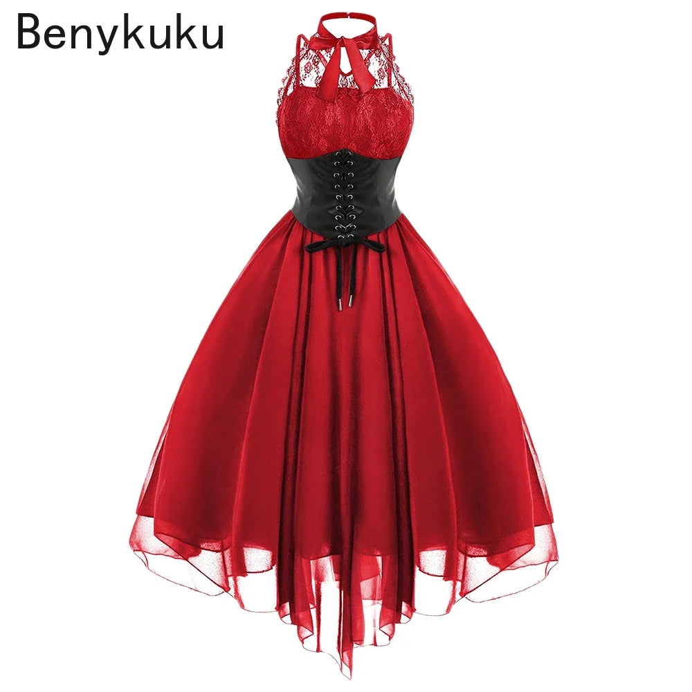 Victorian Gothic Punk Vintage Halter Dresses 2026 Women Black Sleeveless Cross Back Retro Lace Panel Corset Swing Party Dress