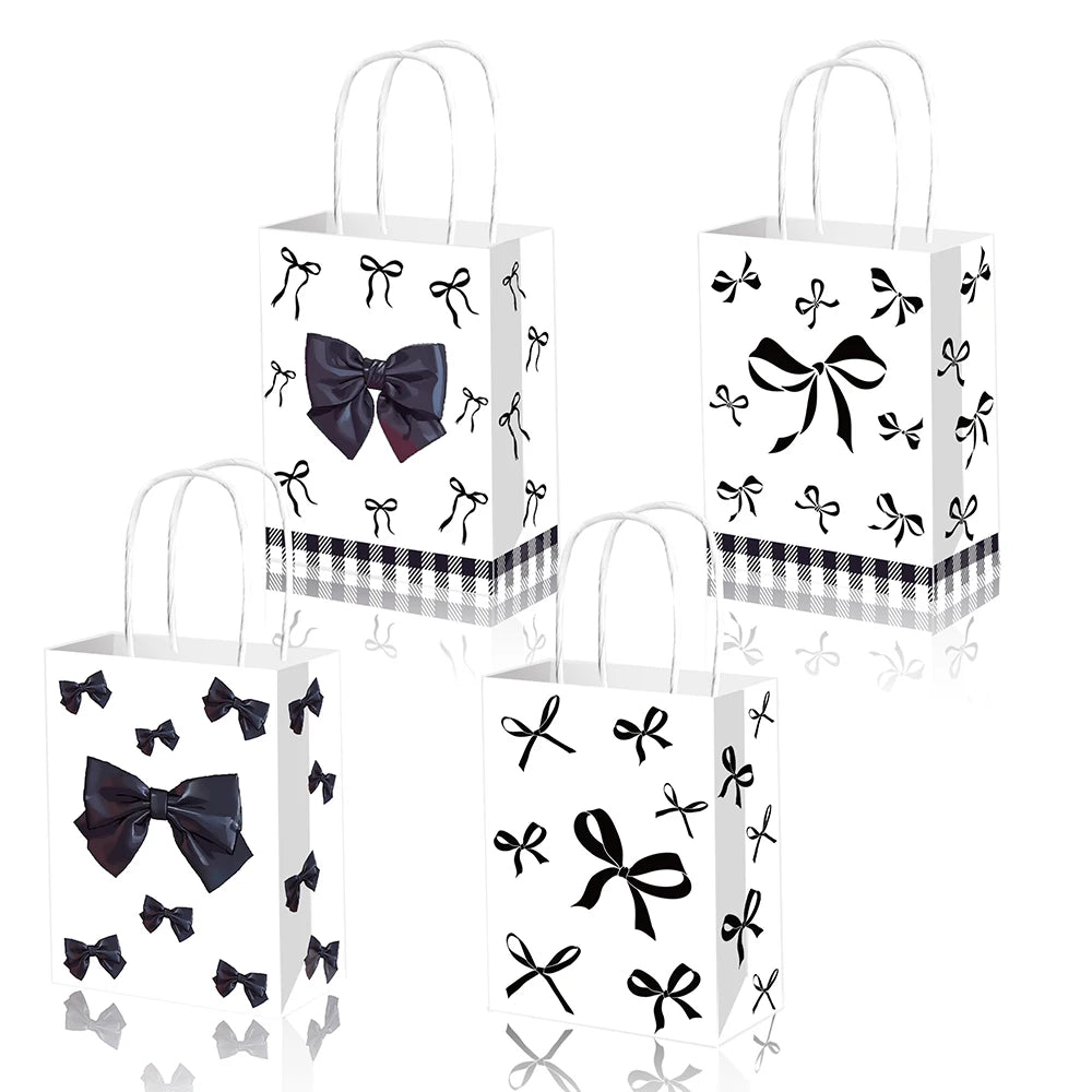 6/12/24/48pcs Pink and White Bow Paper Gift Bags Birthday Favor Bags with Handles Candy Bags Baby Shower Wedding Party Supplies