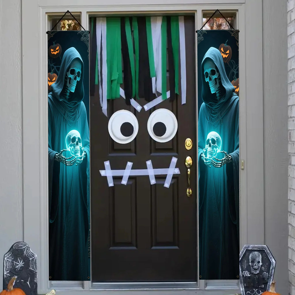 A pair of Halloween decorative banners made of polyester, featuring a skull figure design and door and wall decorations