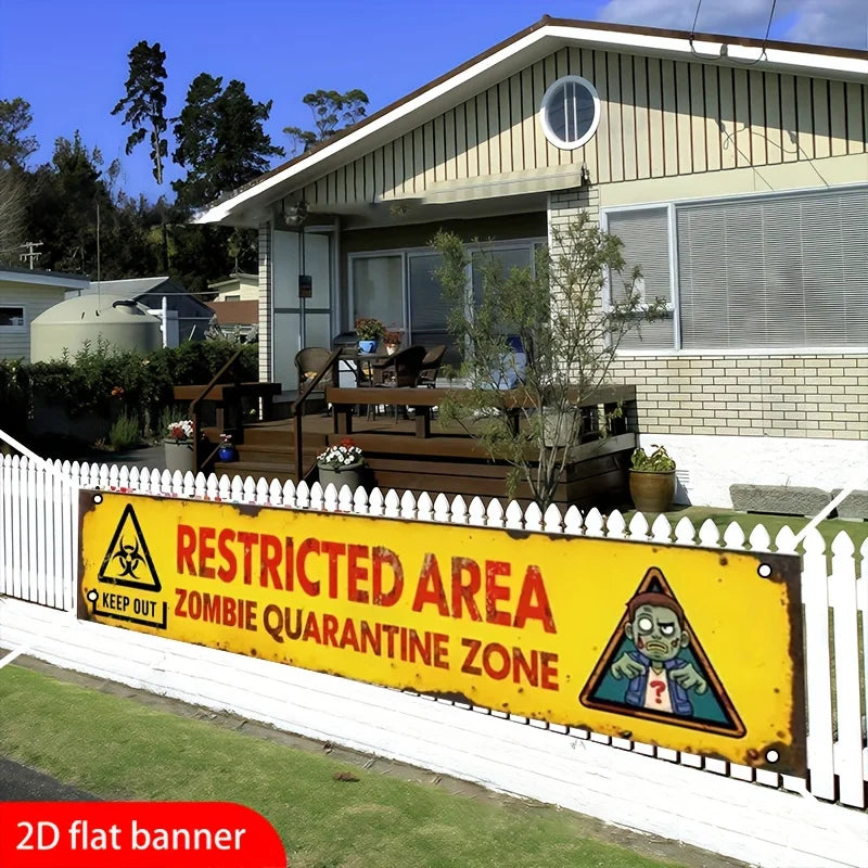One 2D flat banner for Halloween decoration, "Restricted Area Zombie Isolation Zone" with warning signs