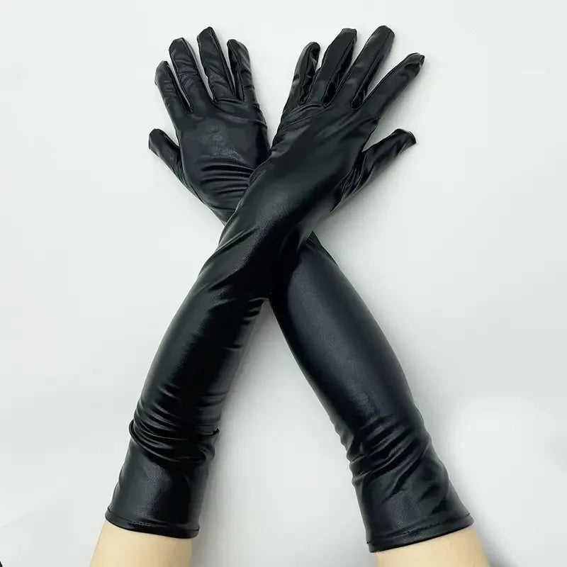 Adult Long Glossy Patent Leather Pole Dance Performance Gloves, Halloween Outfit Accessories, Form-Fitting Tight Gloves