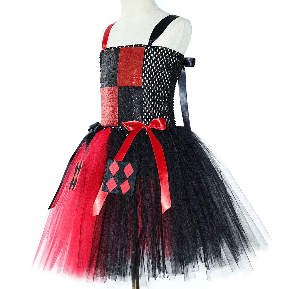 Girls Red Black Clown Costume Tulle Tutu Dress