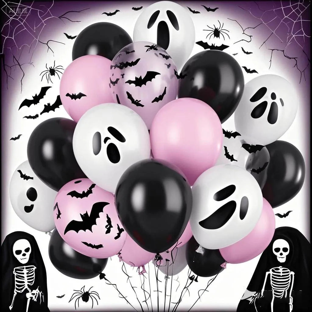 20Pcs Pink Halloween Balloons Ghost Balloon Black Latex Balloons Bat Confetti Ballon for Birthday Halloween Party Decorations
