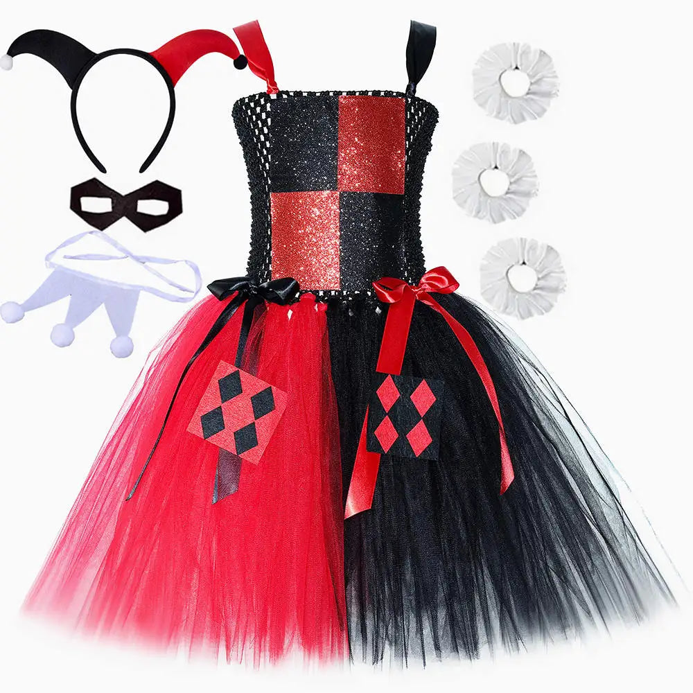 Girls Red Black Clown Costume Tulle Tutu Dress