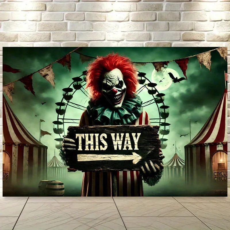The background flag of the terrifying clown circus features bats and a full moon pattern, and is decorated for Halloween parties