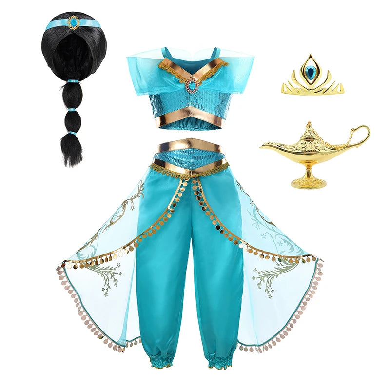 Title Girls Princess Jasmine Cosplay Costume Set Kids Arabian Outfit With Wig Crown Lamp Halloween Carnival Birthday Party Fancy Dress