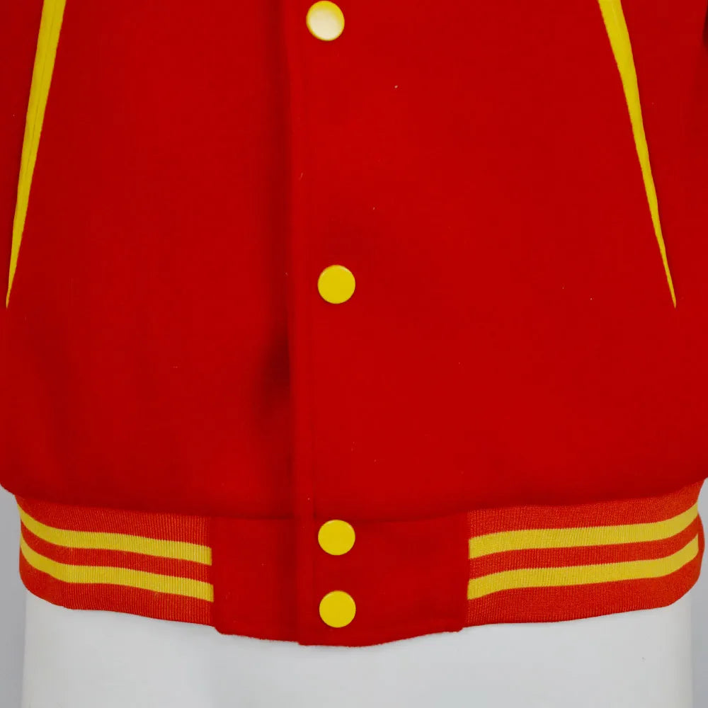 Men's Red Yellow Colorblock Varsity Bomber Cosplay Jacket