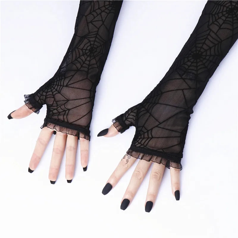 Gothic Lolita Girls Black Spider Web Cross Gloves Punk Harajuku Halloween Cosplay Women Half Finger Fingerless Lace Mesh Mittens