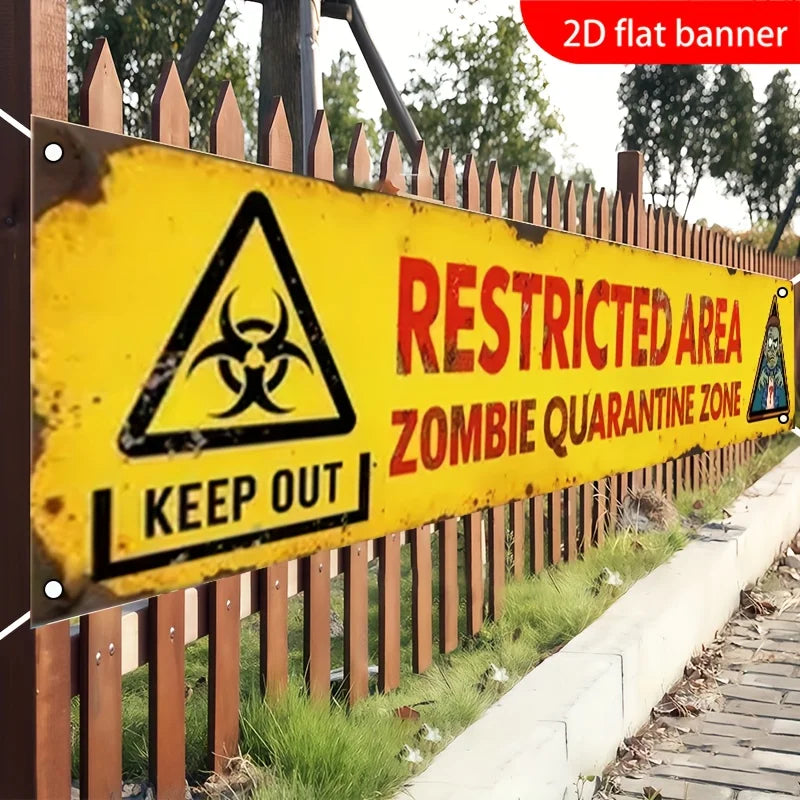 One 2D flat banner for Halloween decoration, "Restricted Area Zombie Isolation Zone" with warning signs