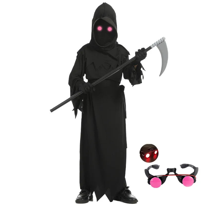 Kids Grim Reaper Costume with Glowing Eyes, Robe & Props