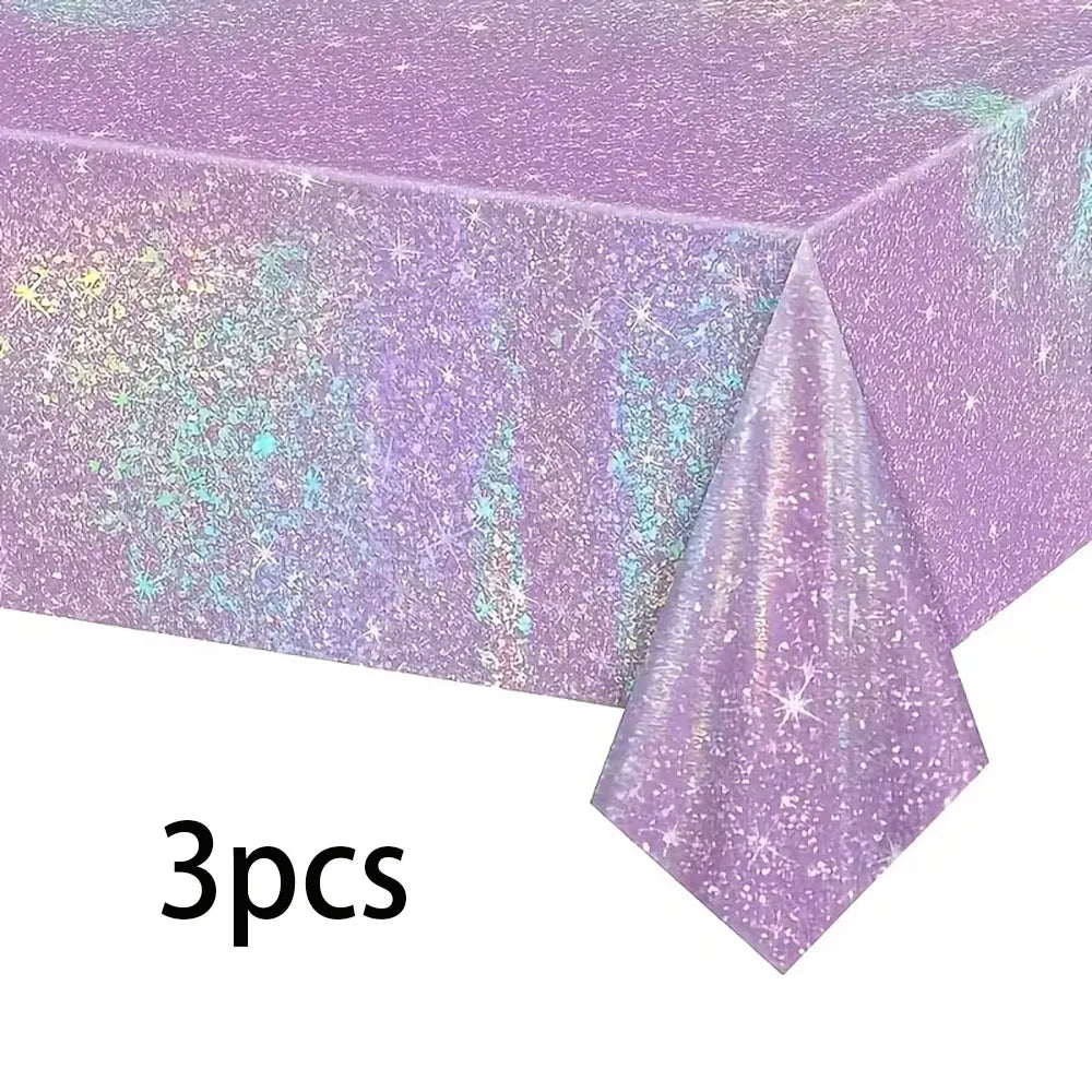 1/3pc Purple Iridescent Disposable Tablecloth Rainbow Laser Birthday Decoration Tablecloth for Bridal Wedding Party Supplies