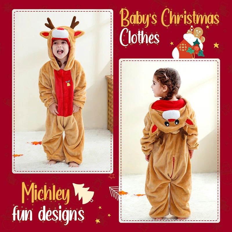 MICHLEY Christmas Baby Rompers Flannel Cosplay Toddler Infant Cute Clothes Overall Bodysuits Jumpsuit Costume For Girls Boys Kid