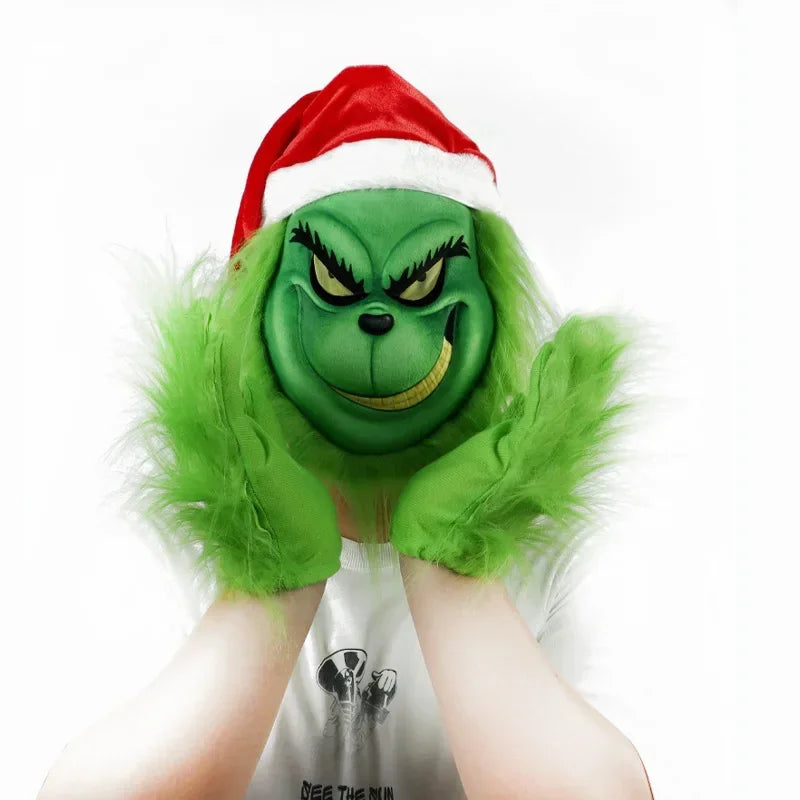 Christmas Thief Costume Set with Red Hat Green Mask and Gloves