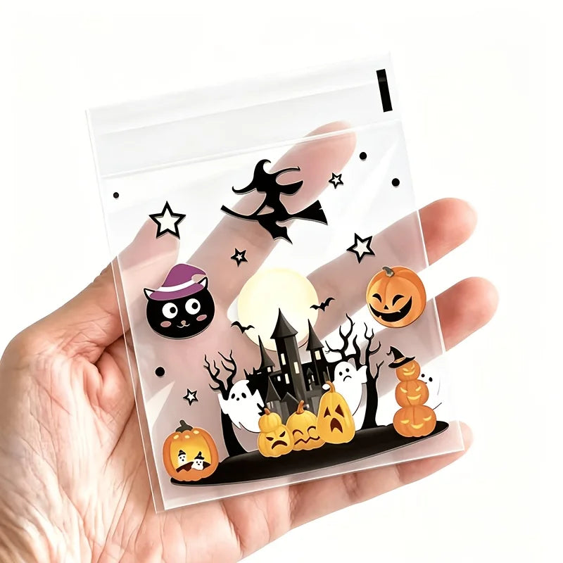 100Pcs Small Halloween Treat Bags,Clear Self Adhesive Candy Bags, Plastic Cookie Bags for Trick or Treat, Halloween Goodie Bags