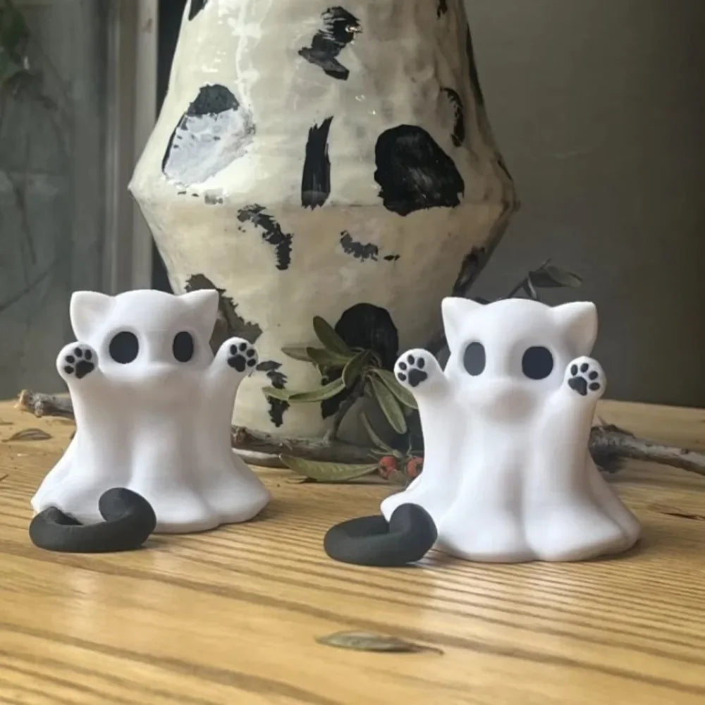 Mini Cat Ghost Ornament Cute Halloween Desktop Decor Spooky Gift for Girlfriend Wife Home Office Collectible Party Figurine