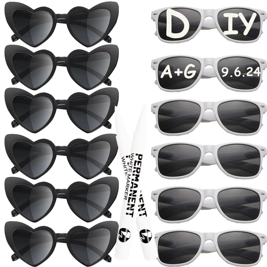 12-120Pcs Wedding Heart Sunglasses with Pen Personalised Heart Glasses Bachelorette Party Sunglasses for Wedding Party Favors