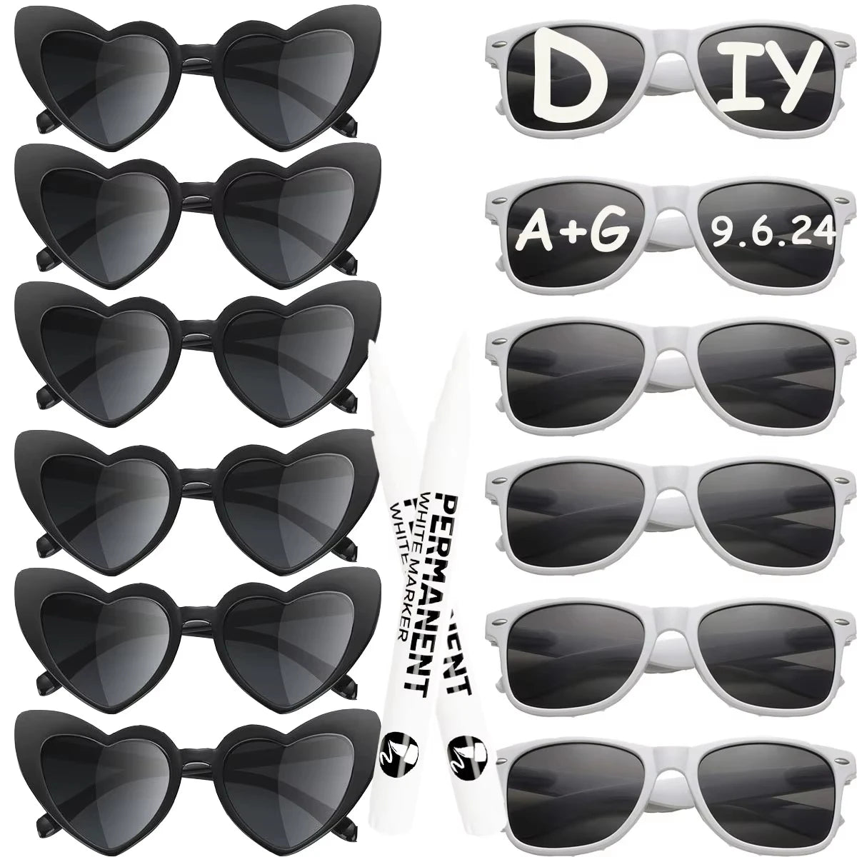 12-120Pcs Wedding Heart Sunglasses with Pen Personalised Heart Glasses Bachelorette Party Sunglasses for Wedding Party Favors