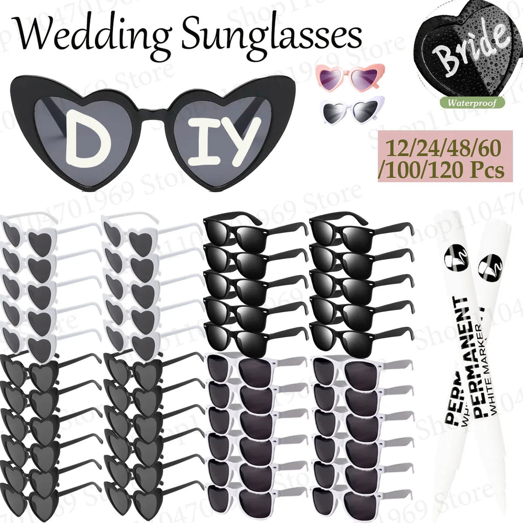12-120Pcs Wedding Heart Sunglasses with Pen Personalised Heart Glasses Bachelorette Party Sunglasses for Wedding Party Favors