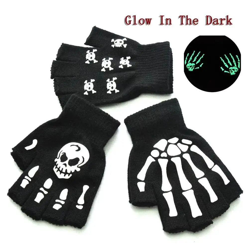 Punk Gloves Halloween Skeleton Half Finger Gloves Glow In The Dark Fingerless Mittens Men Women Elasticity Knitted Skull Mittens